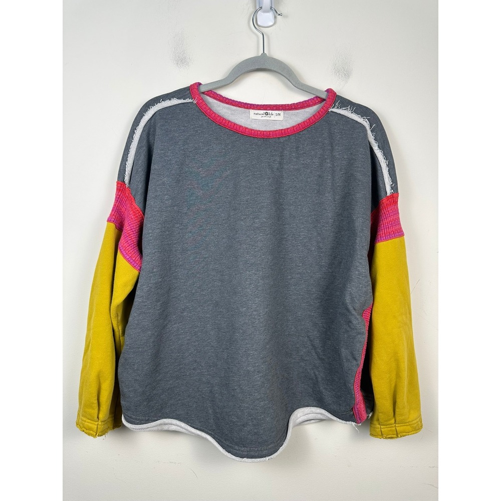 Natural Life Sweatshirt Womens S/M Gray Yellow Pink Very Good Boho Colorblock